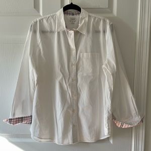 J. Crew Classic White Long Sleeve Button-Down Blouse with Plaid Detailing